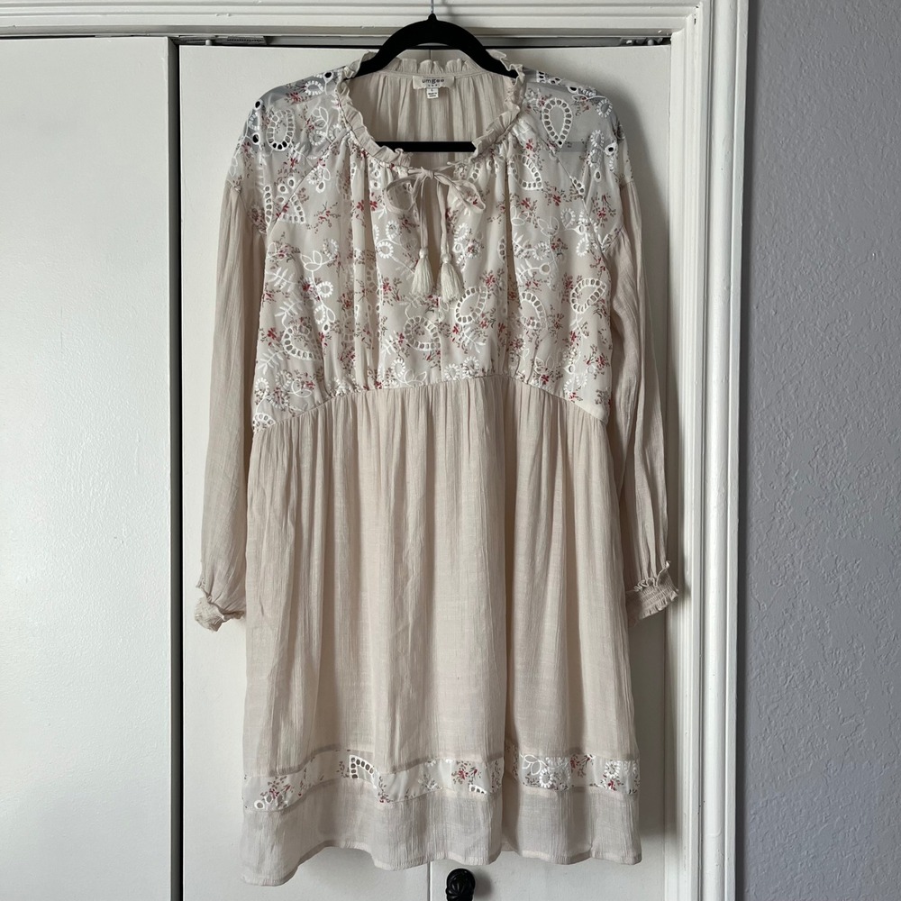 Umgee USA Bohemian Long Sleeve Embroidered Eyelet Dress Cream Size L
